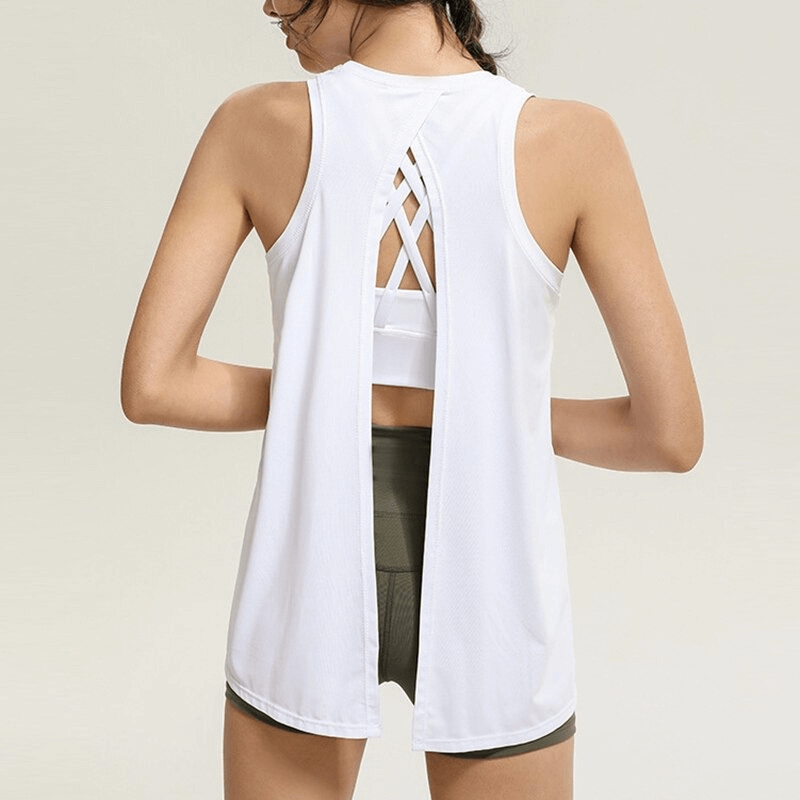 Women's white fitness tank with back slit, perfect for gym, yoga, or running. Lightweight and breathable fabric. Model showing back view.